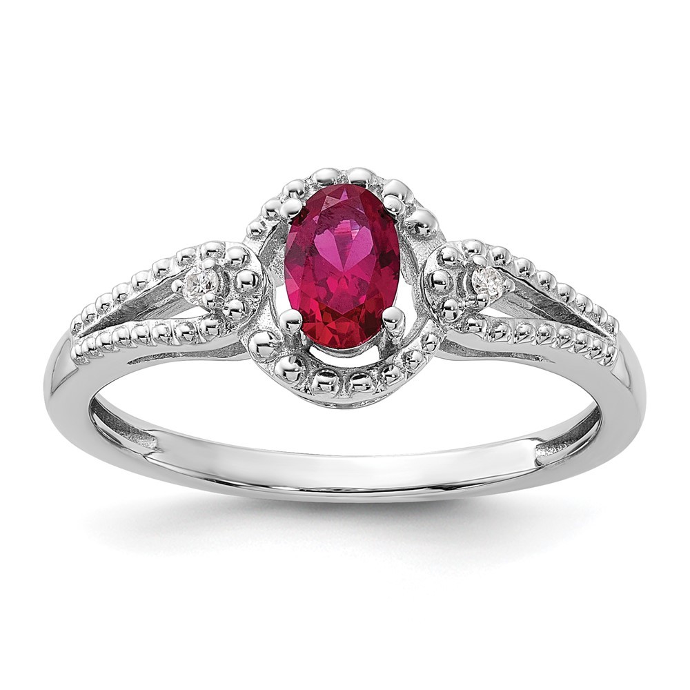 925 Sterling Silver  Created Ruby (July Birthstone) & Diamond Ring (Size 6)